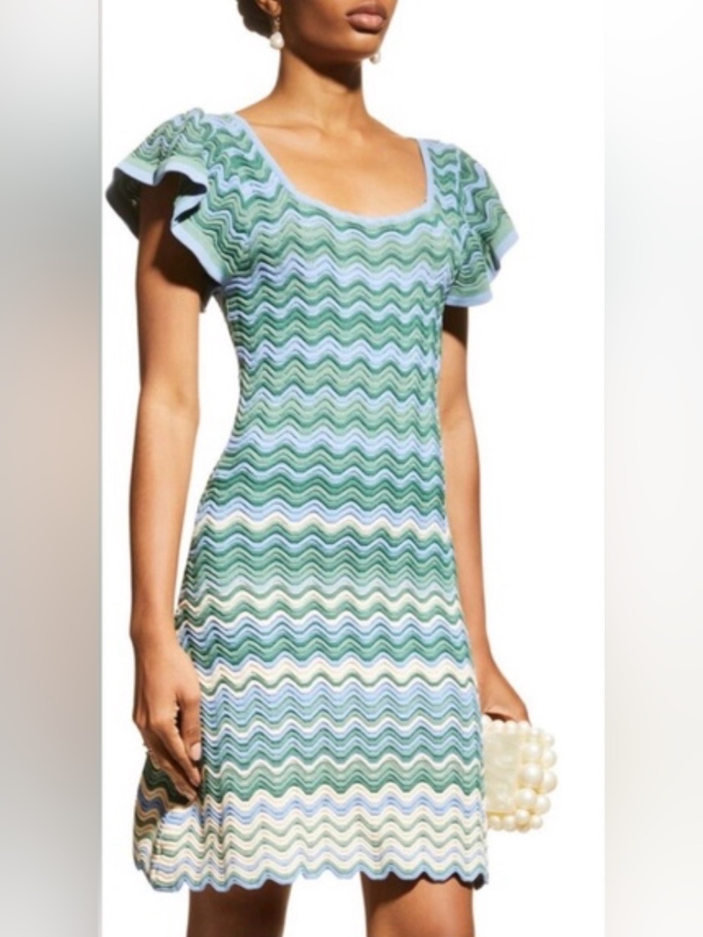 Shoshanna Dani Flutter-Sleeve Chevron Knit Dress, size XL